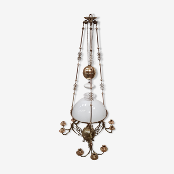 Chandelier suspension napoleon III - decoration of white opaline dragons