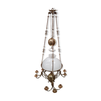 Chandelier suspension napoleon III - decoration of white opaline dragons