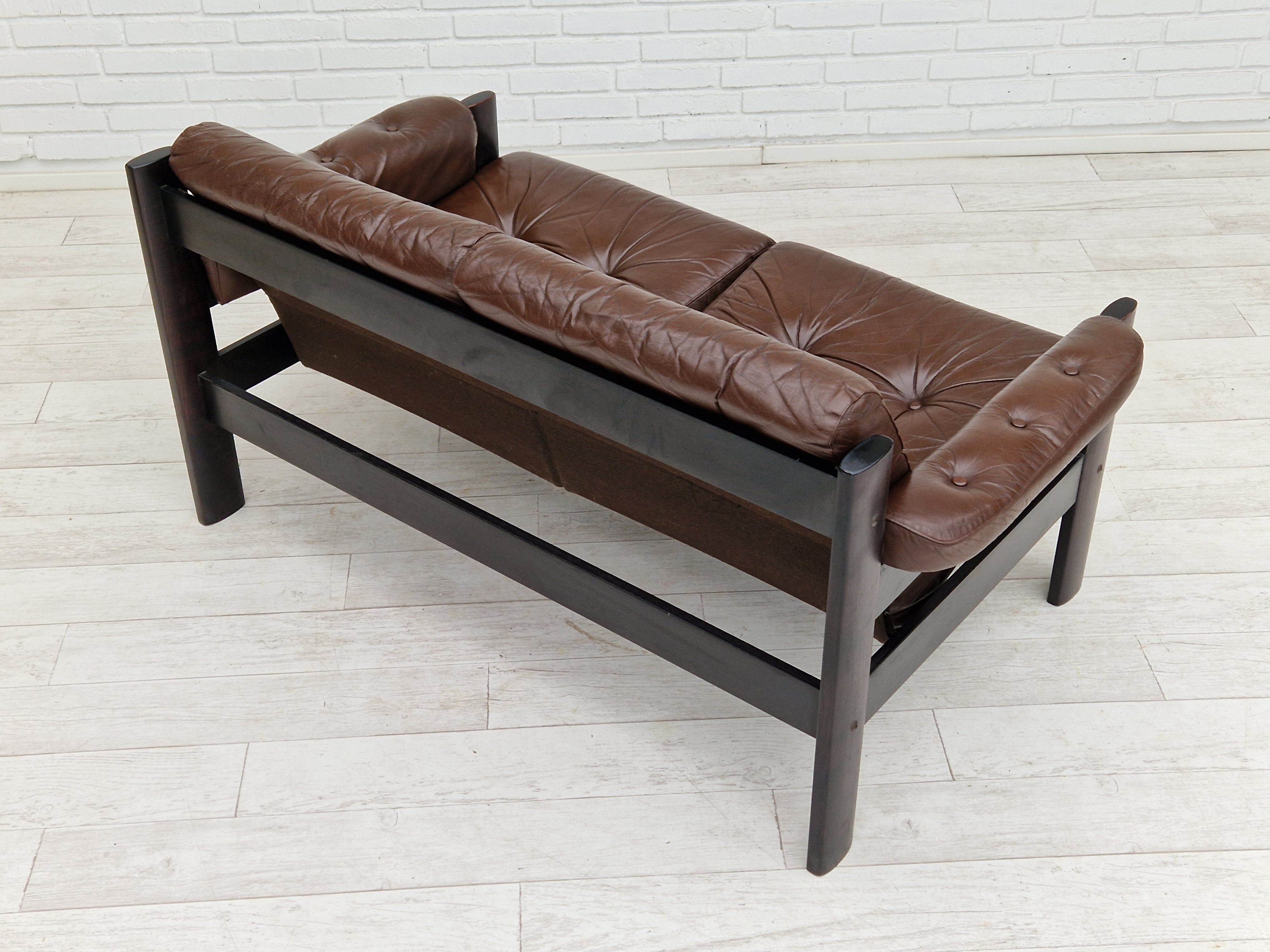 Scandinavian 2-seater sofa, original brown leather, 70s