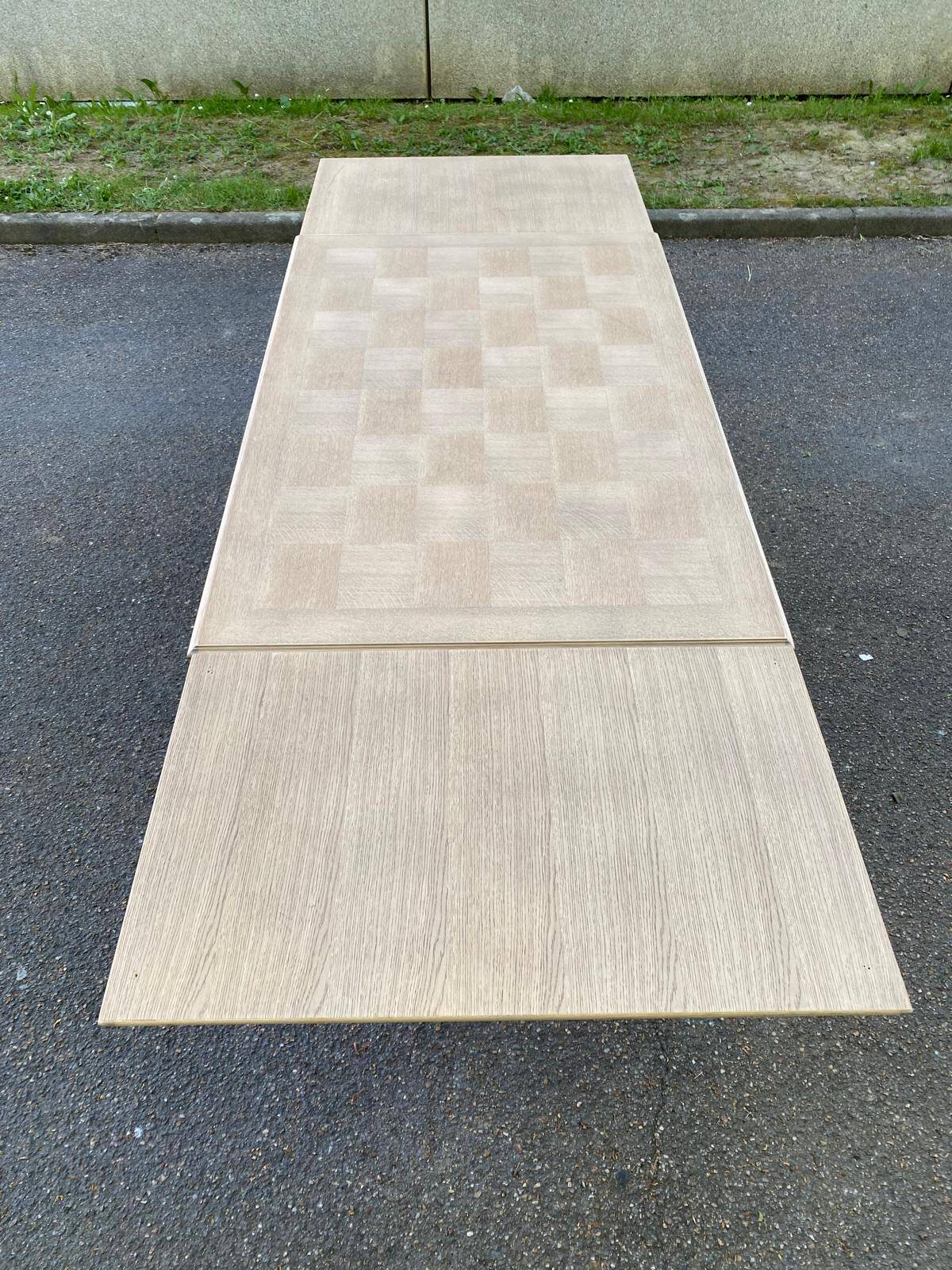 Extendable rectangular farmhouse table renovated oak and marquetry 255cm