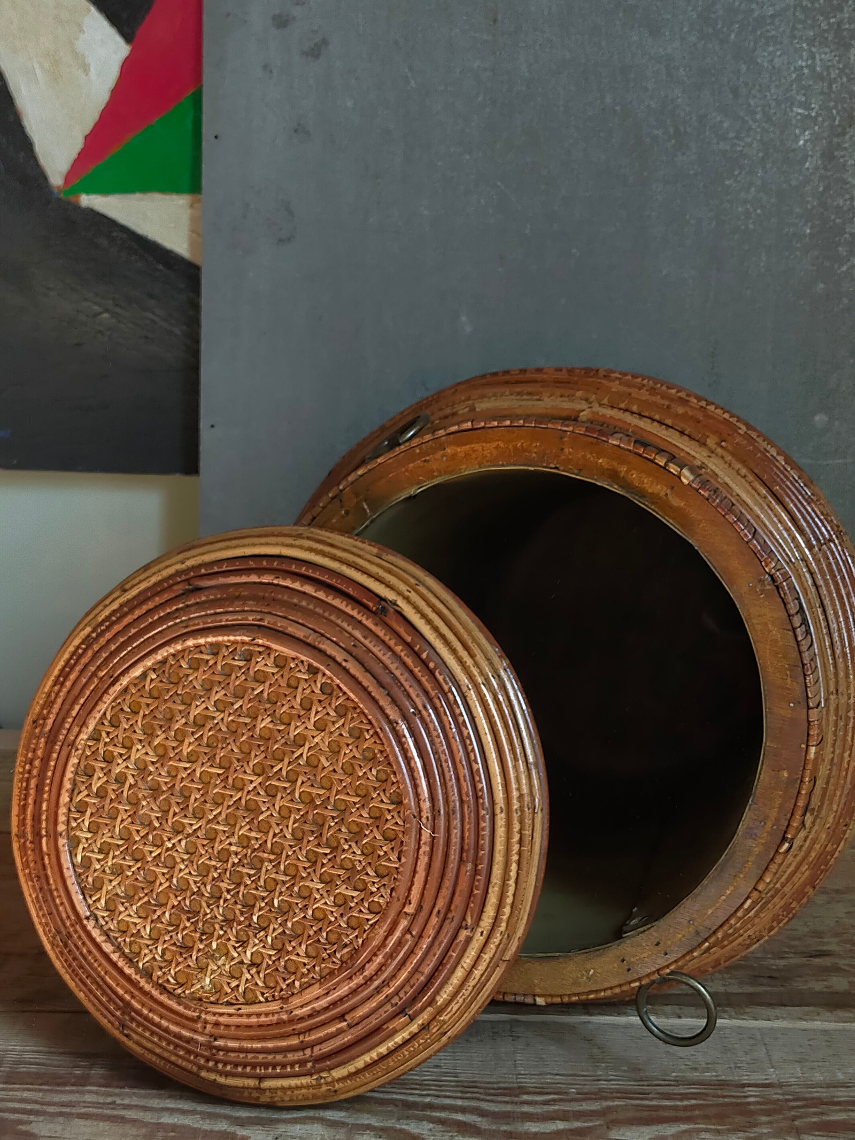 Basket with wooden lid and rattan early XXth