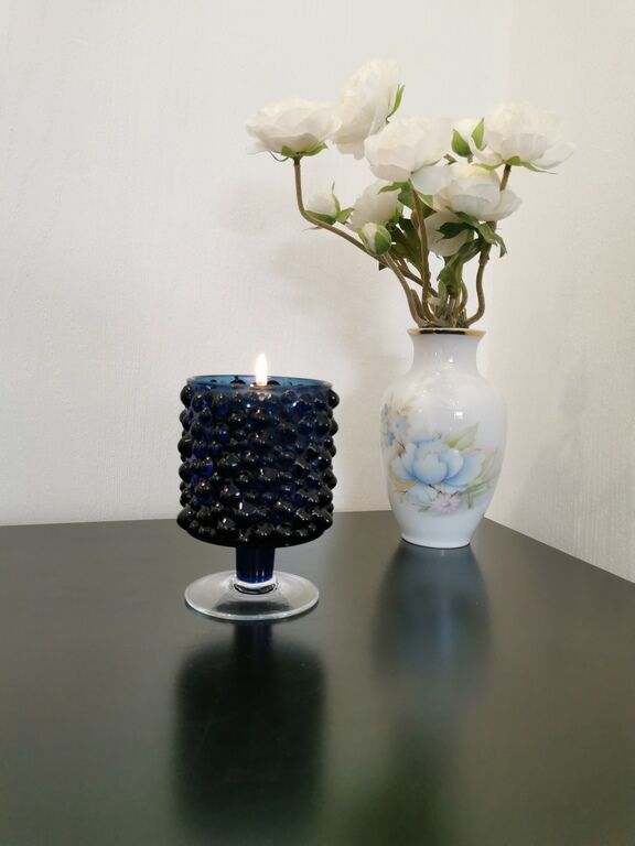Vintage blue glass candlestick