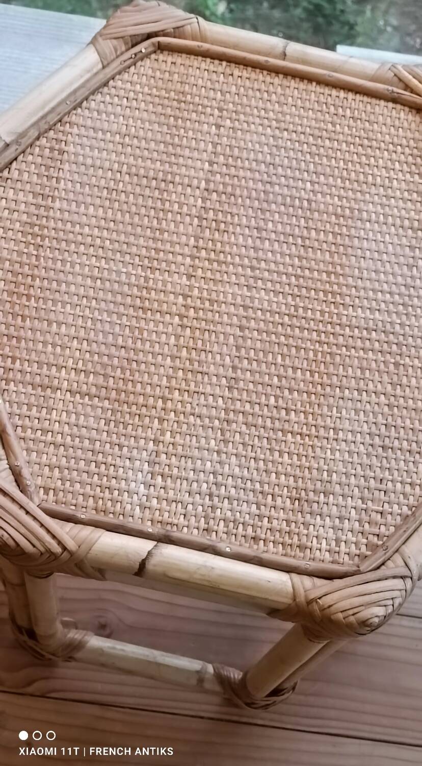 Vintage side table in rattan and bamboo, France, hexagonal.