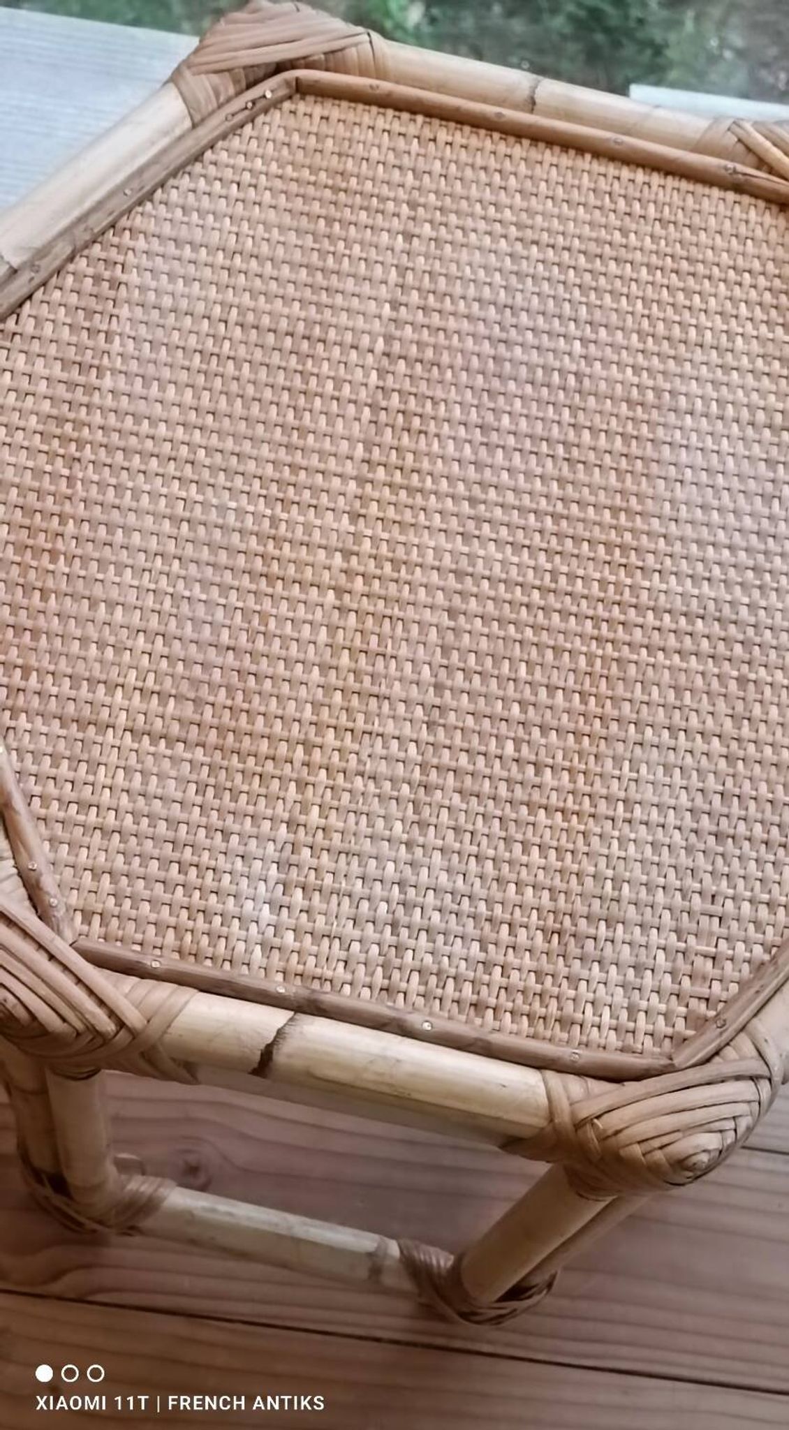 Vintage side table in rattan and bamboo, France, hexagonal.