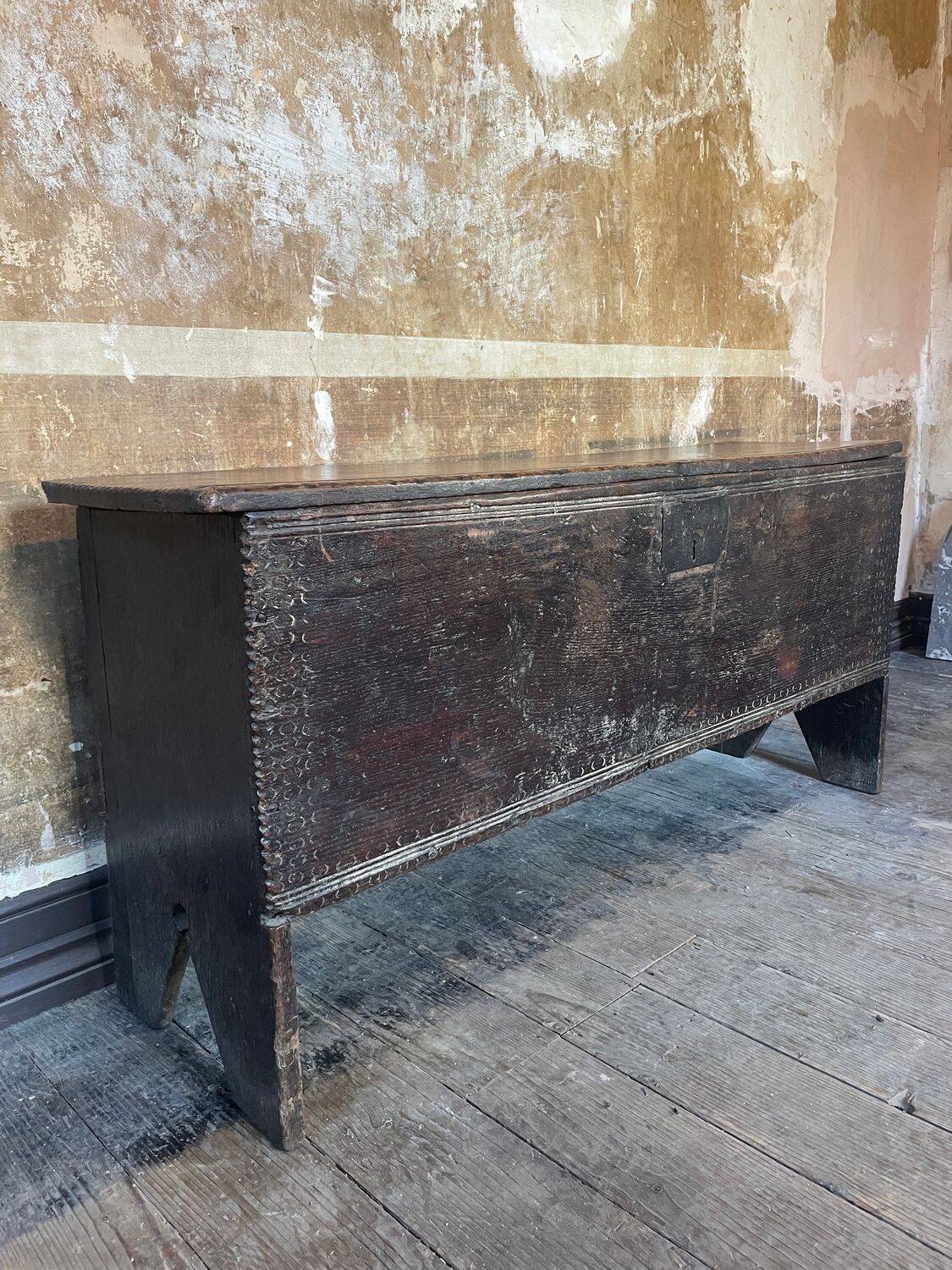 Large Heavy 18th Century Circa 1700 Primitive Carved Oak Sword Chest, Good