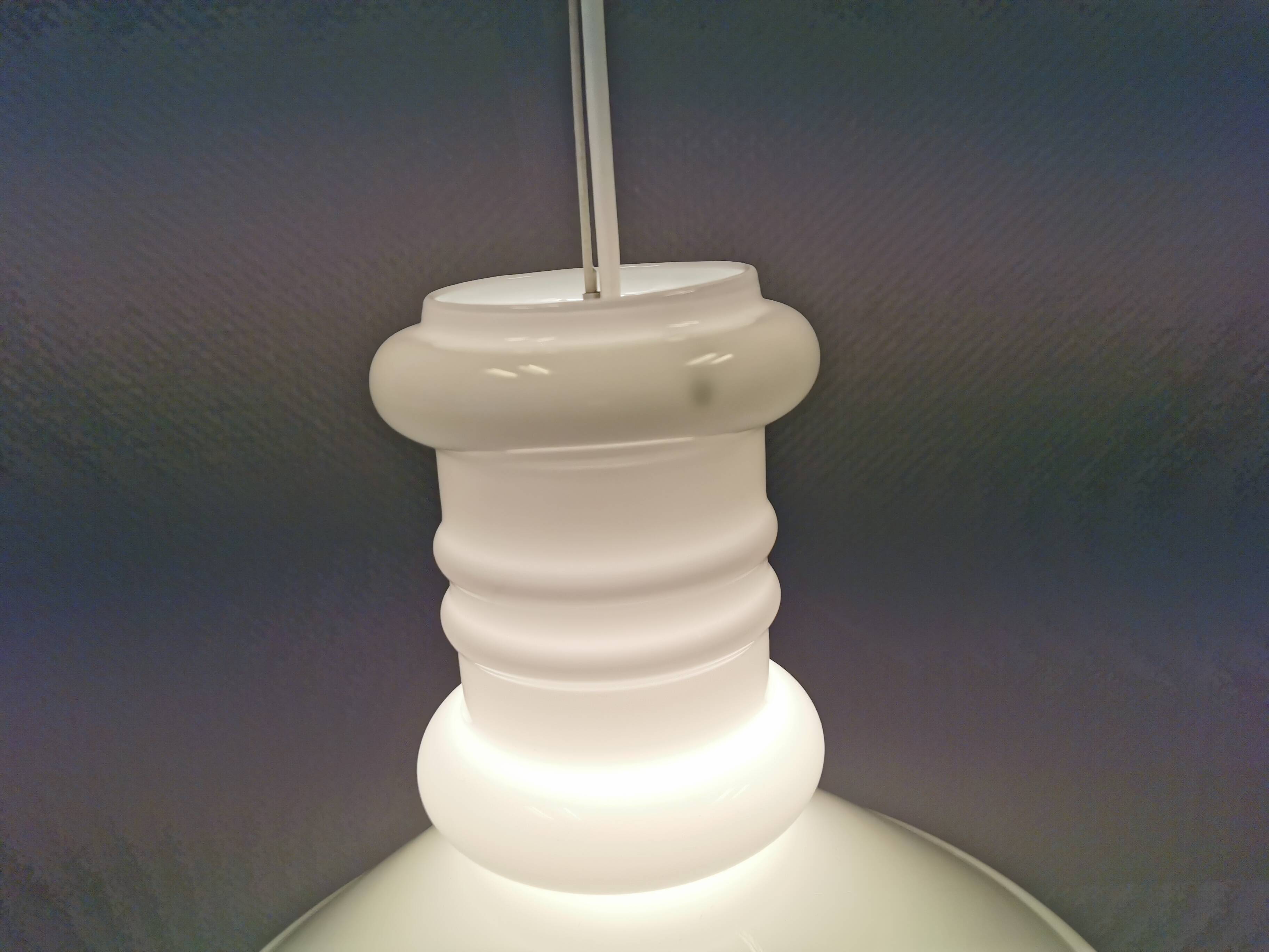 Royal Copenhan hanging lamp in double layer white opal glass. 1980s Denmark.