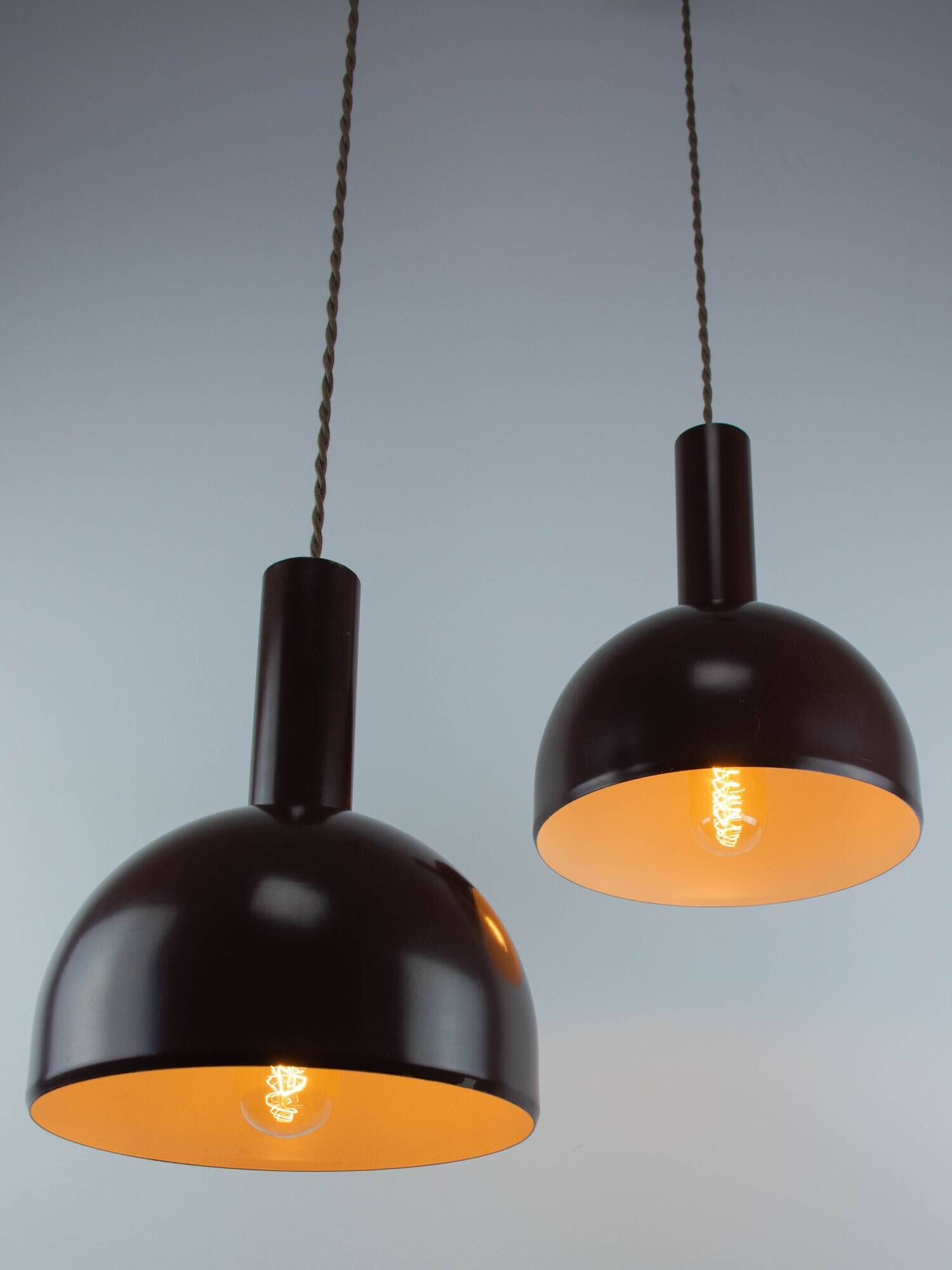 Set of 2 Mid-Century Modern Brown Metal Hanging Lamps