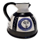 Pichet/vase en céramique peint à la main blanc, noir et bleu