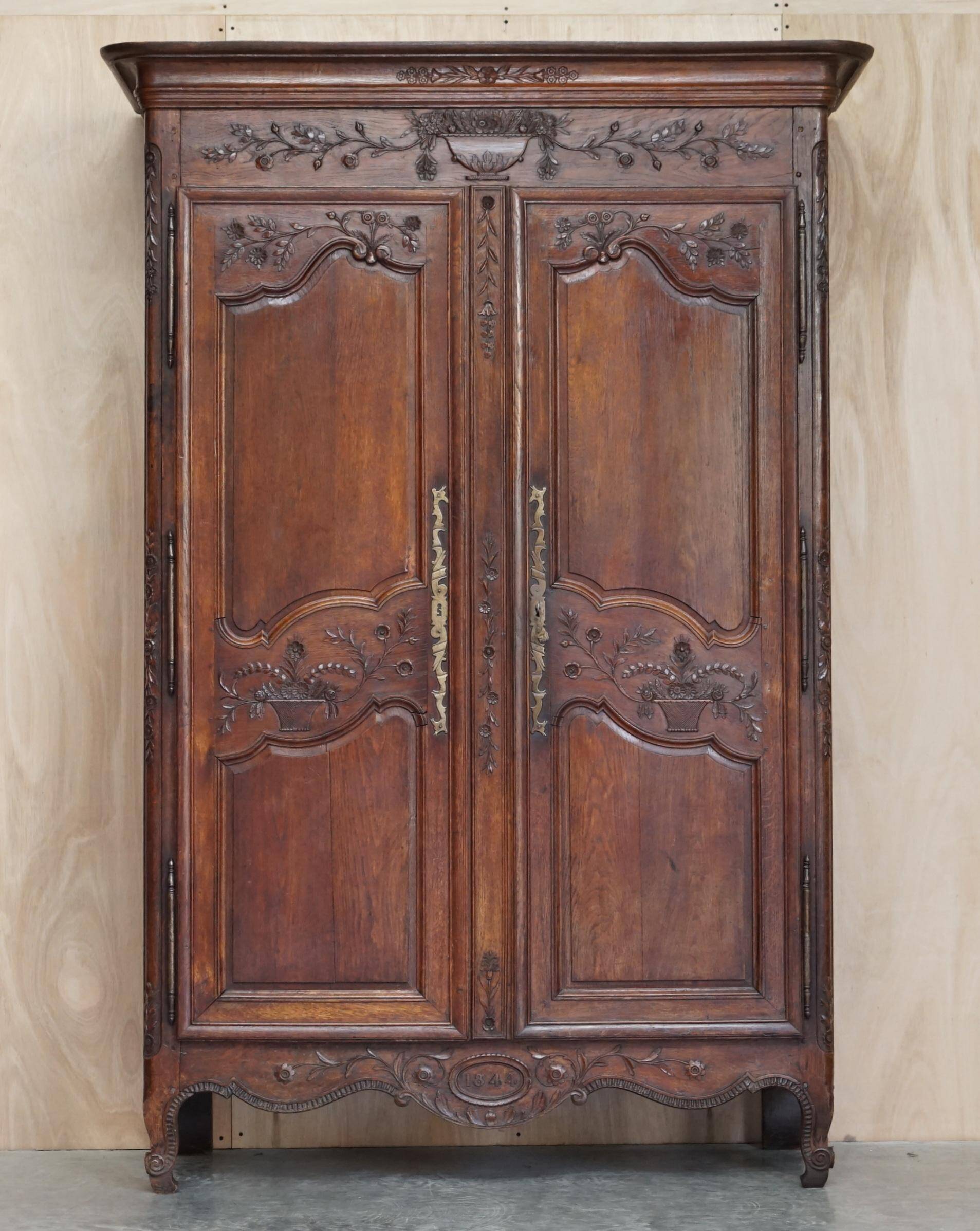 Antique Carved Wardrobe Dated 1844 with Shaped Panels
