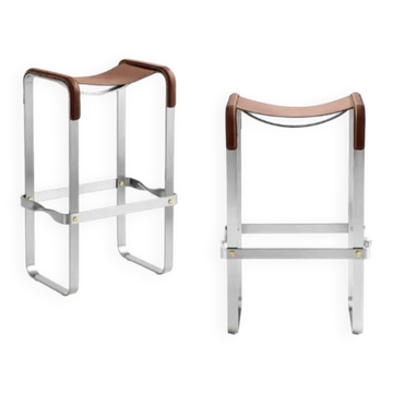 Brown and silver pair of stools without a backrest.