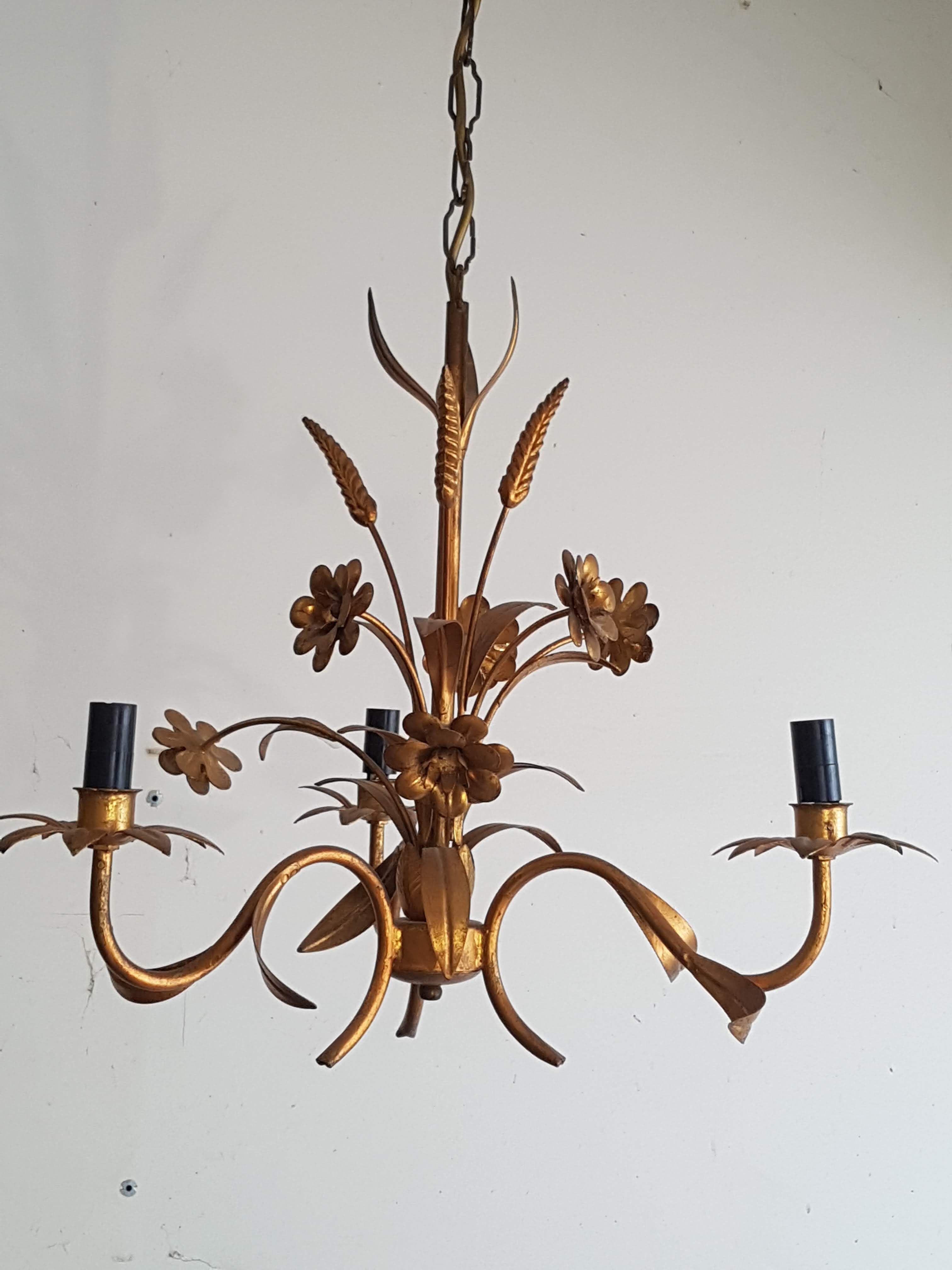 Gold metal chandelier with ear of wheat decor
