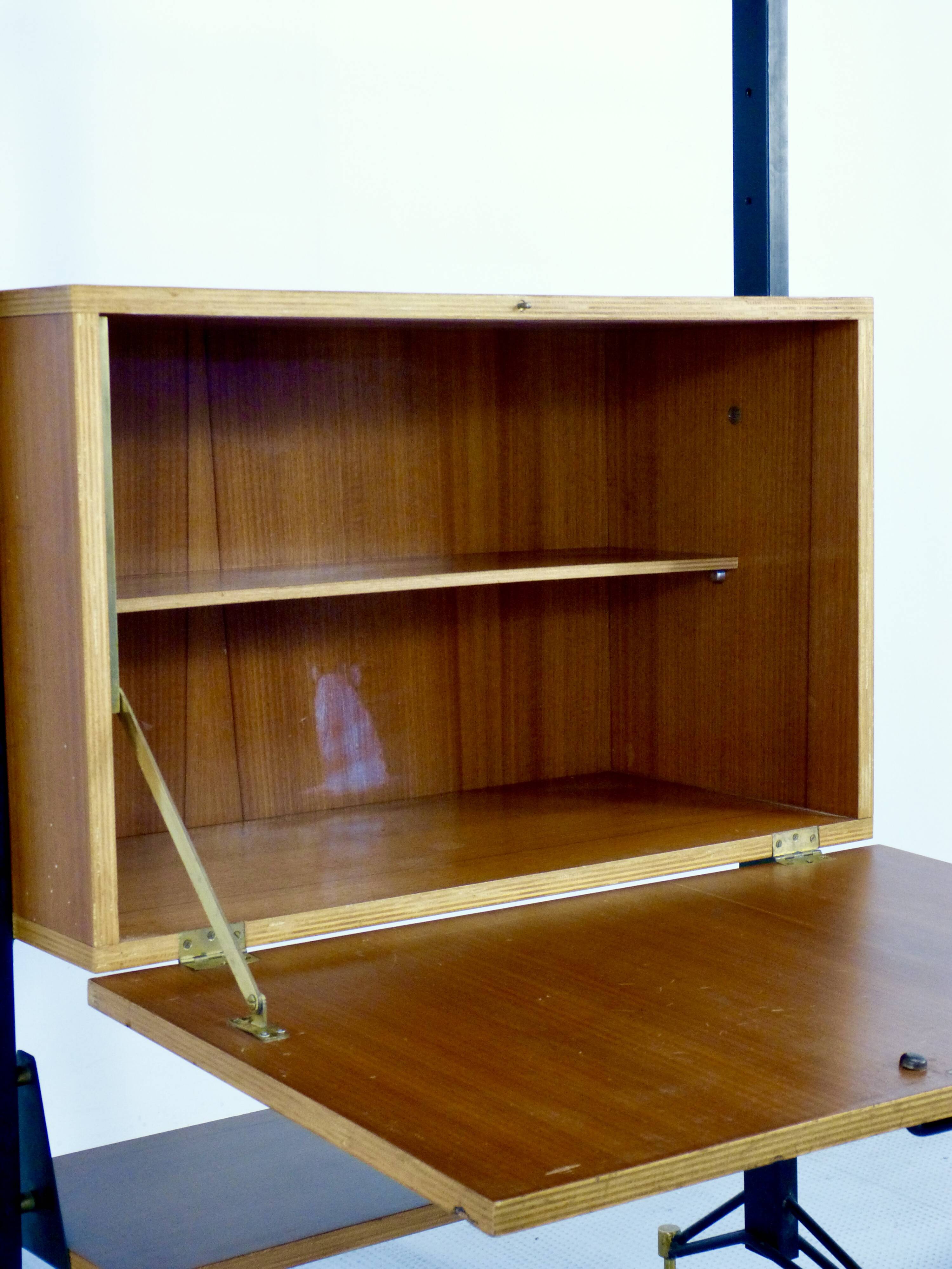 Mid-Century Modern Italian Freestanding Teak and Steel Modular Bookshelf,