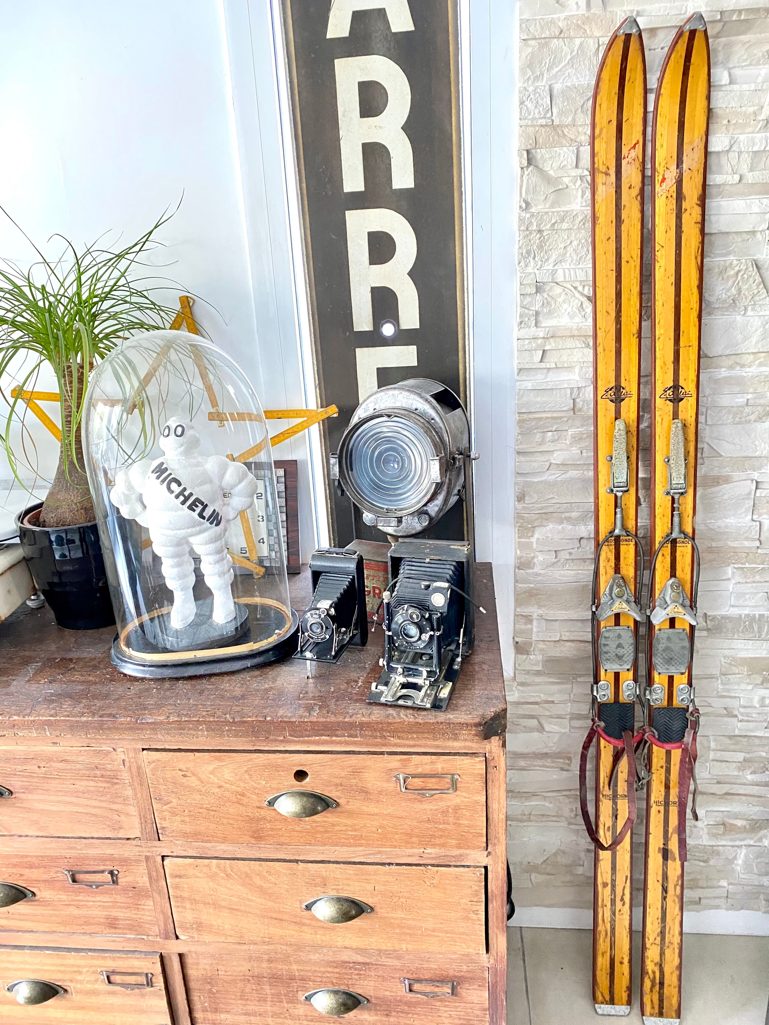 Vintage wooden Rossignol Hickory ski pair
