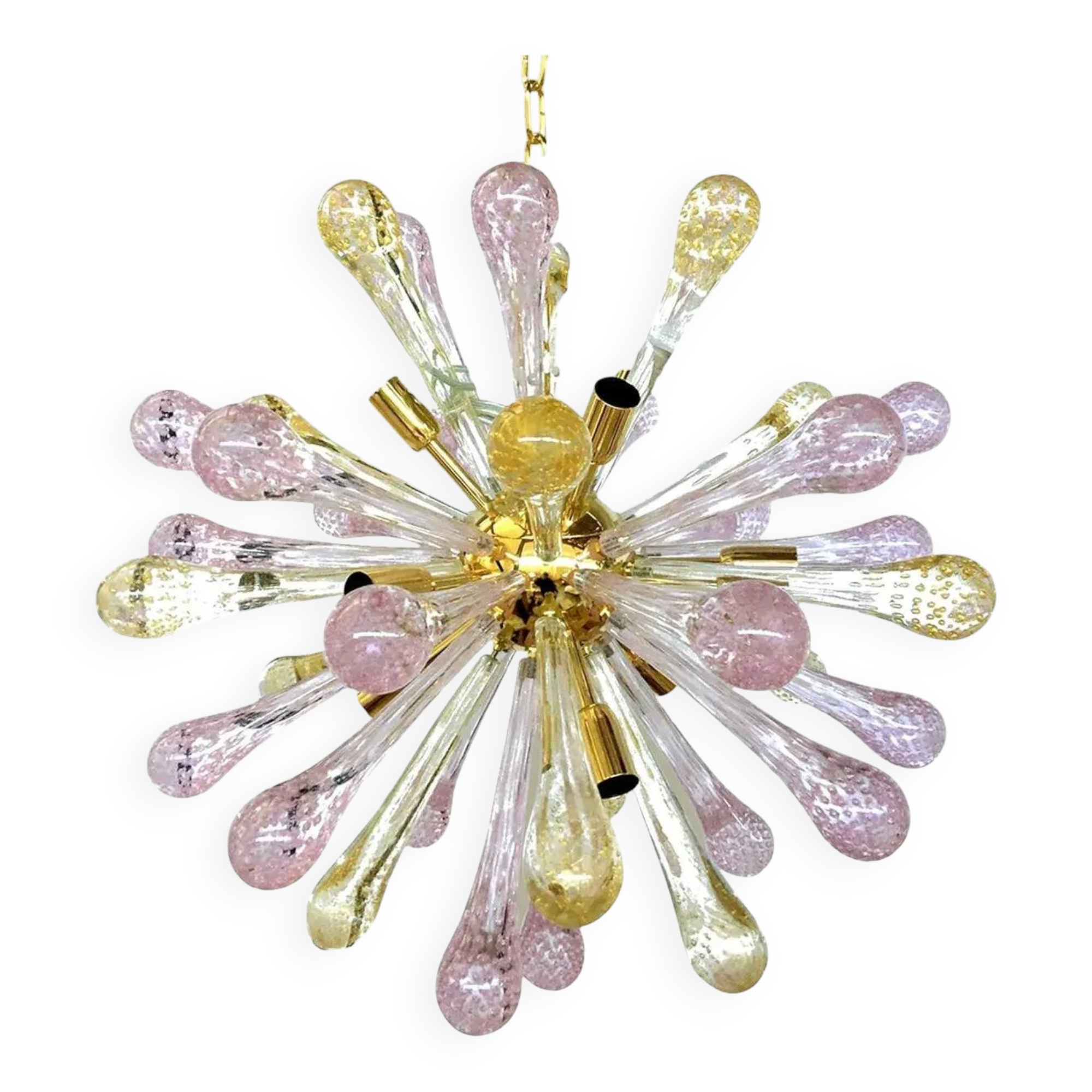 Sputnik Chandelier in Murano Glass with Gold and Pink Air Drops