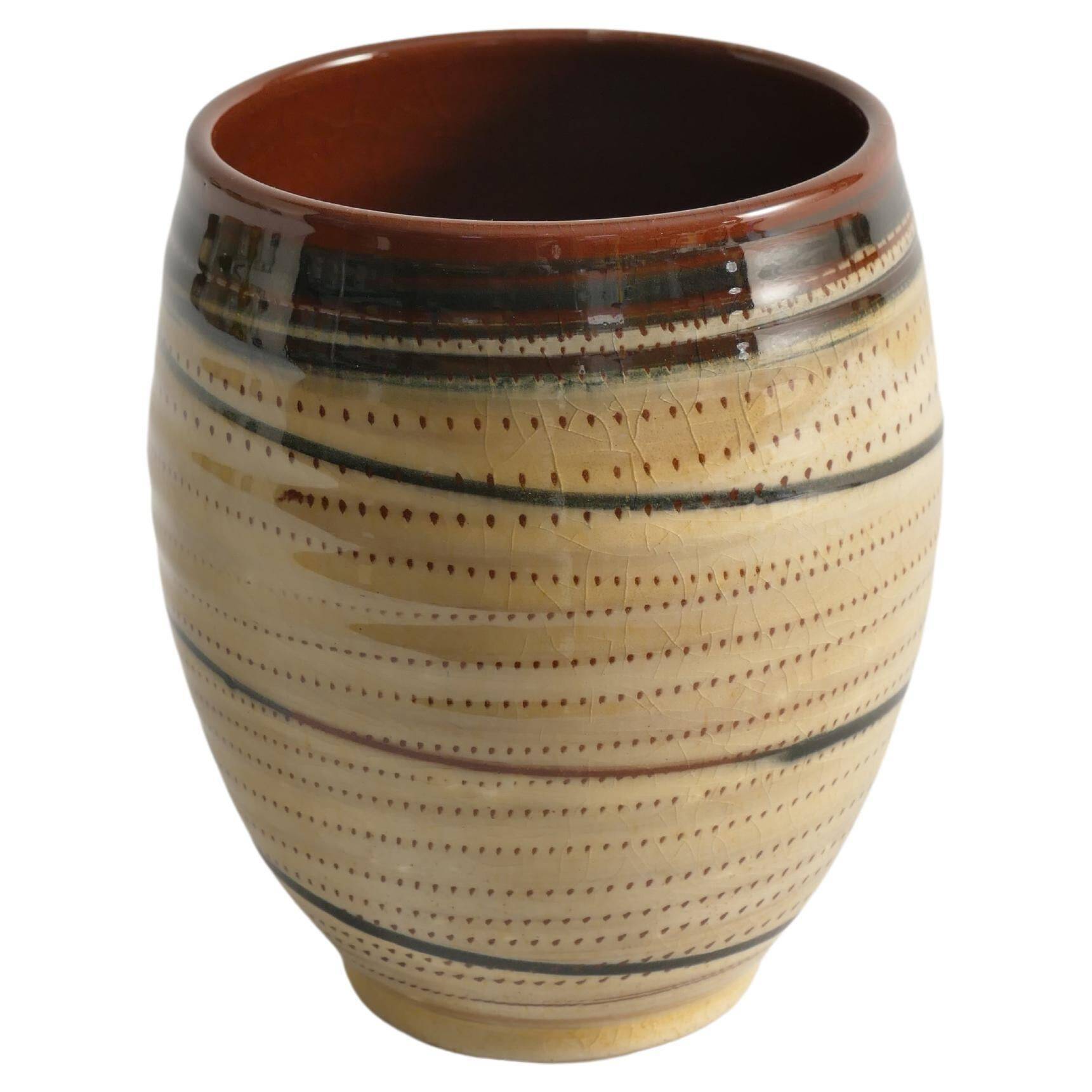 Hand-Painted Earthenware Vase with Creme and Black Graphic Decor, Sweden