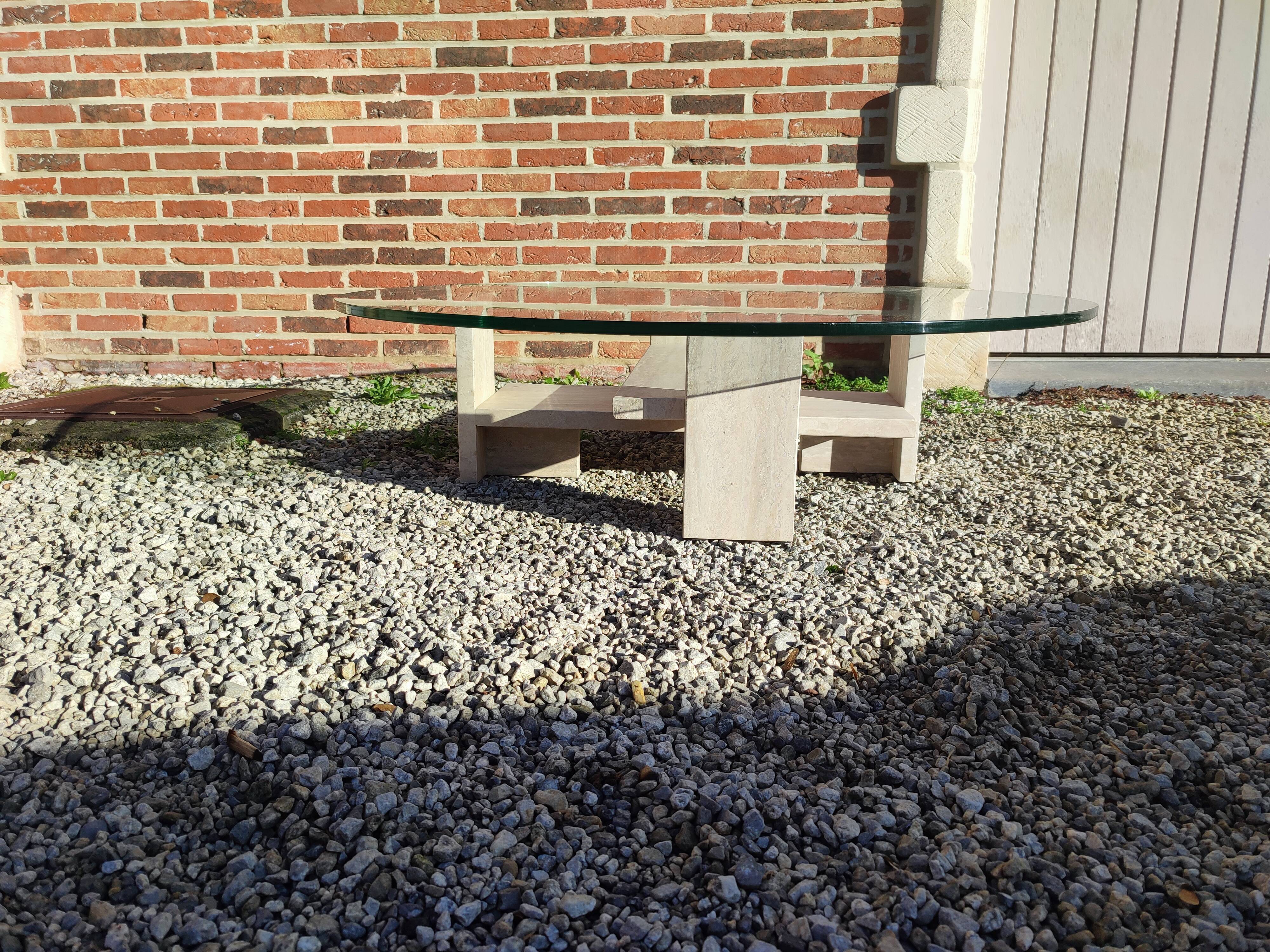 Coffee table in travertine and thick glass, Willy Ballez, 1970s