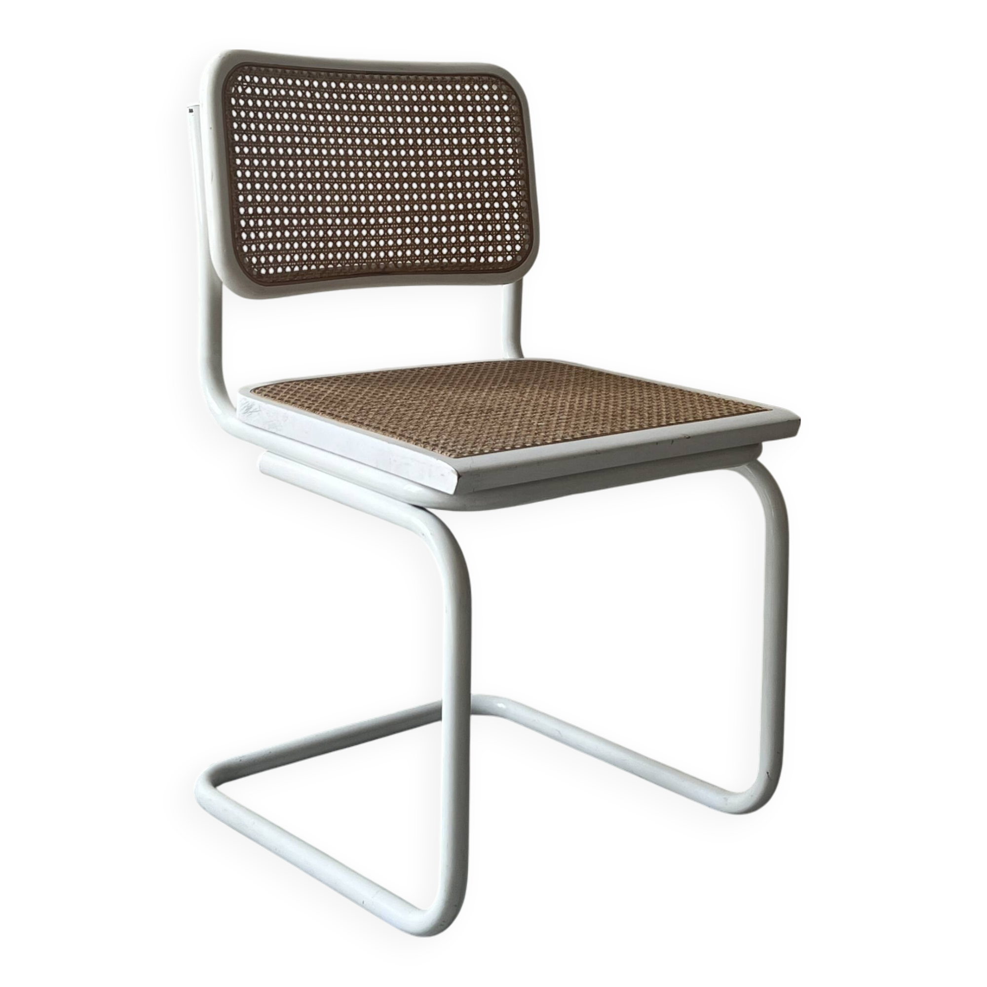 Cesca B32 vintage design chair in white metal and cane by Marcel Breuer