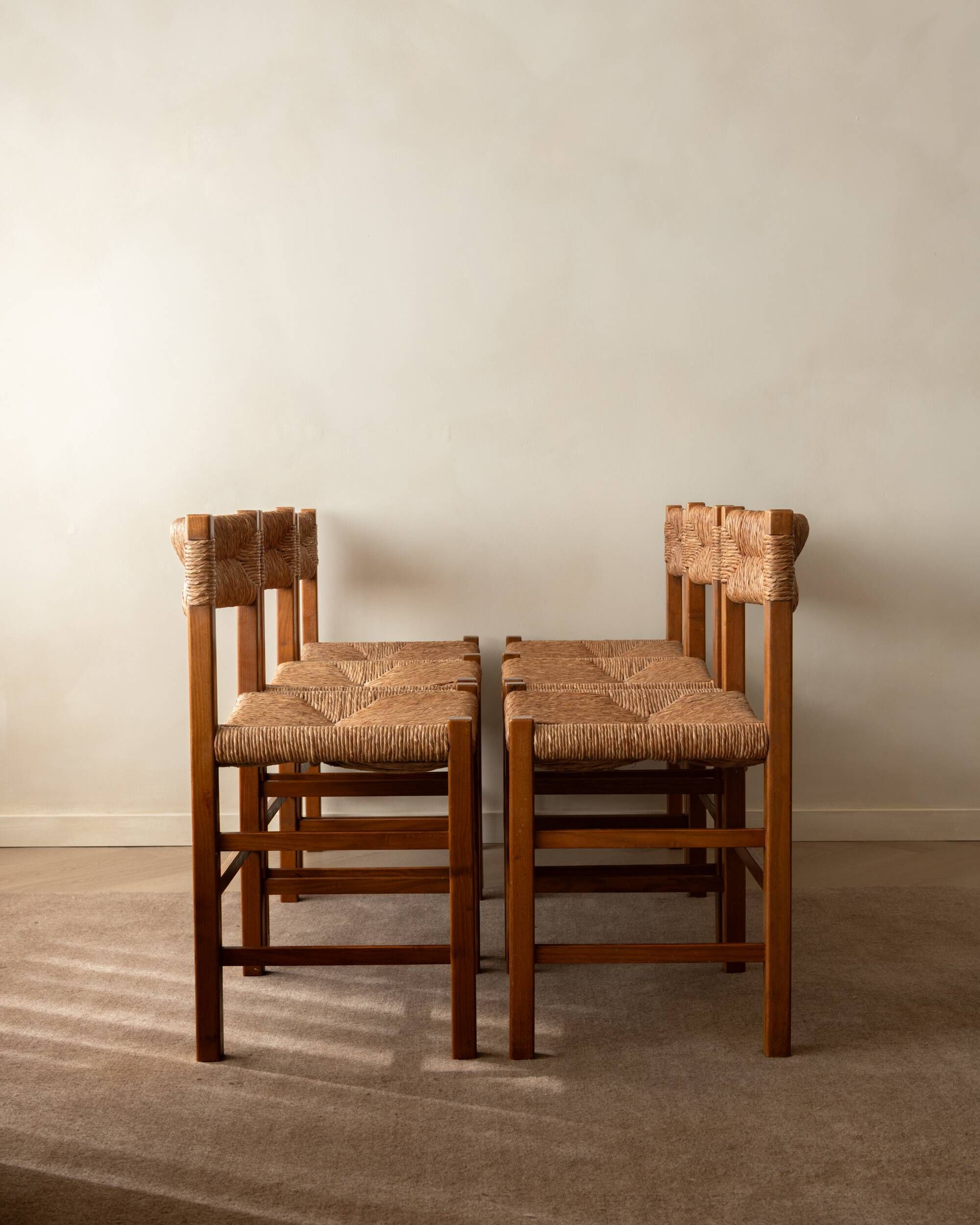 Vintage set of six French mid-century dining chairs in wood and rush, 1960s