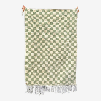 Moroccan Berber checkered carpet sage green and off-white