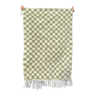 Moroccan Berber checkered carpet sage green and off-white