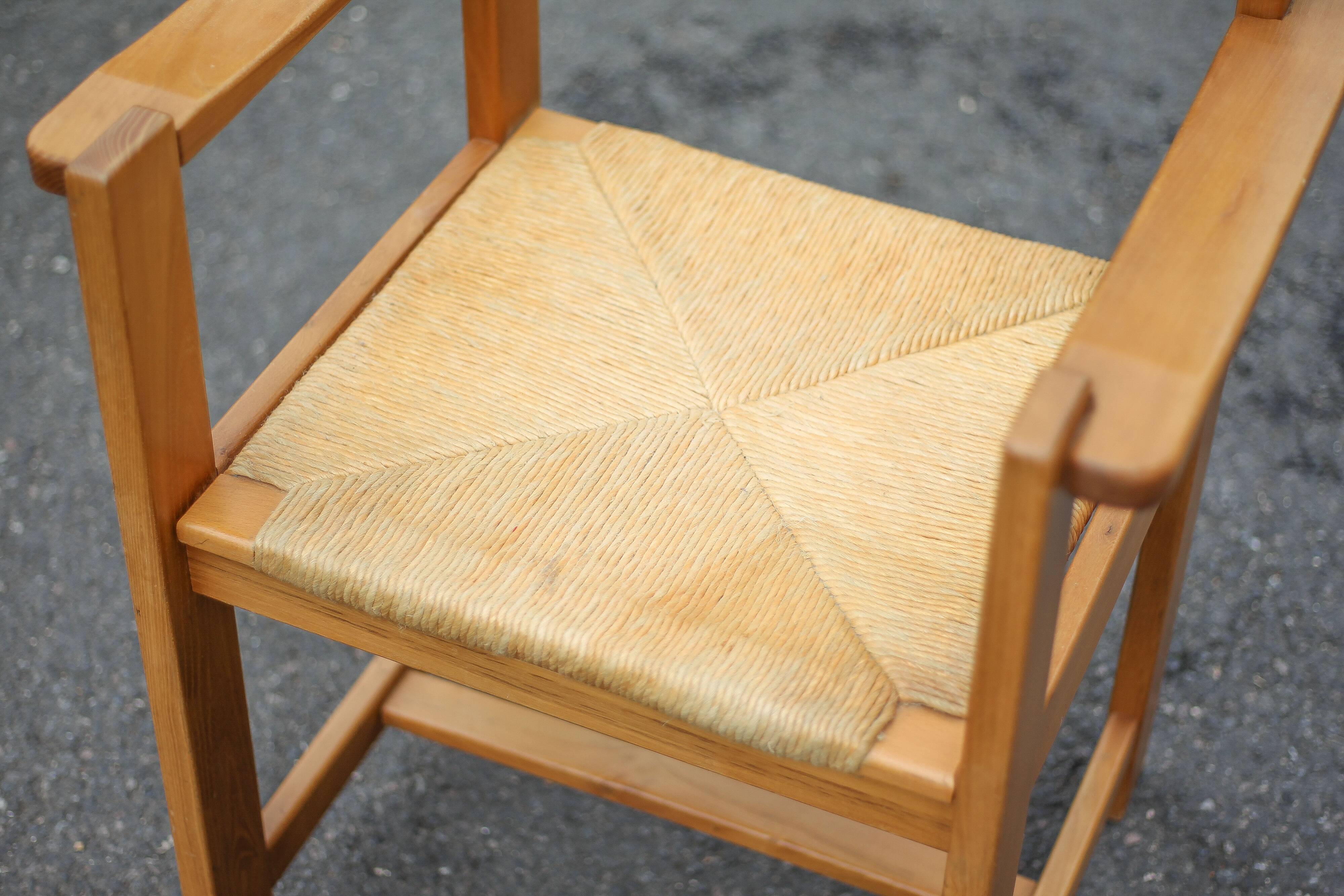 Vintage armchair, elm wood armchair Maison Regain, vintage straw chair.