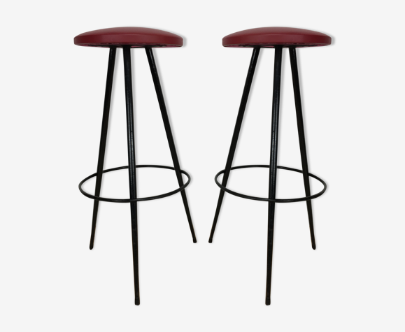 Paire de tabourets de bar tripode 1950, métal et simili cuir rouge