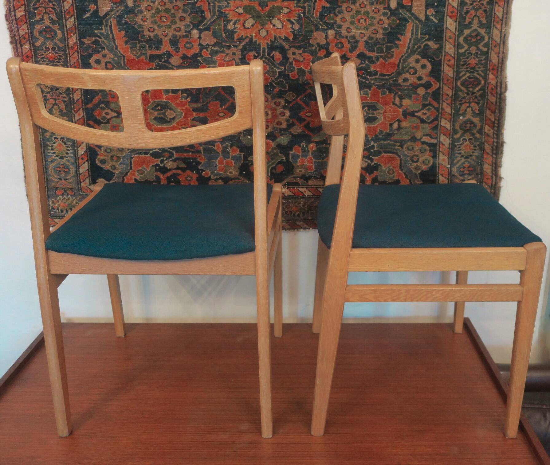 Set of Danish oak dining chairs with petrol blue covers, 1960s