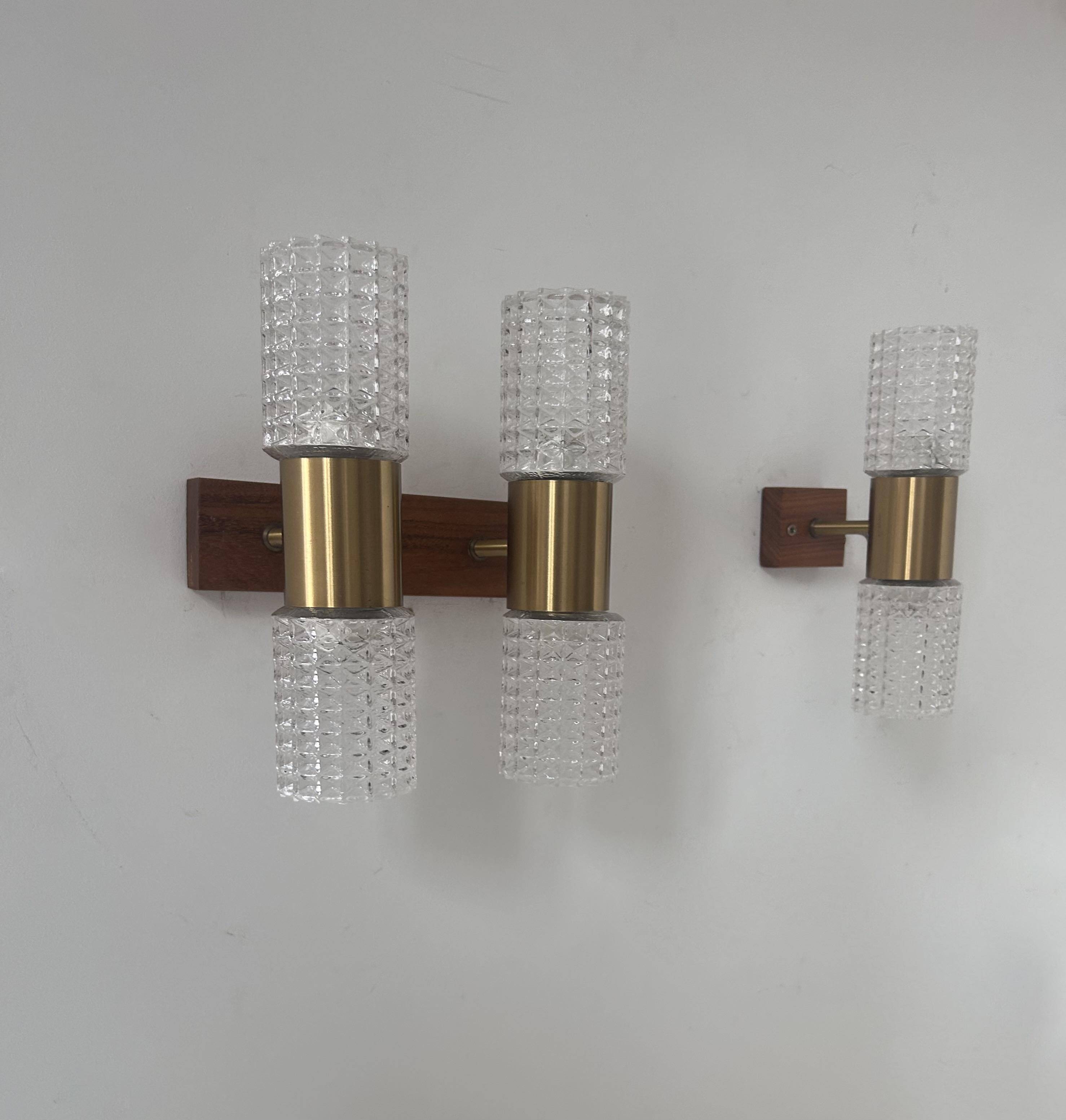 Pair of vintage wall lights, brass and molded glass, Sweden 1960s