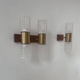Paire d'applique vintage, laiton et verre moulé, Suède 1960