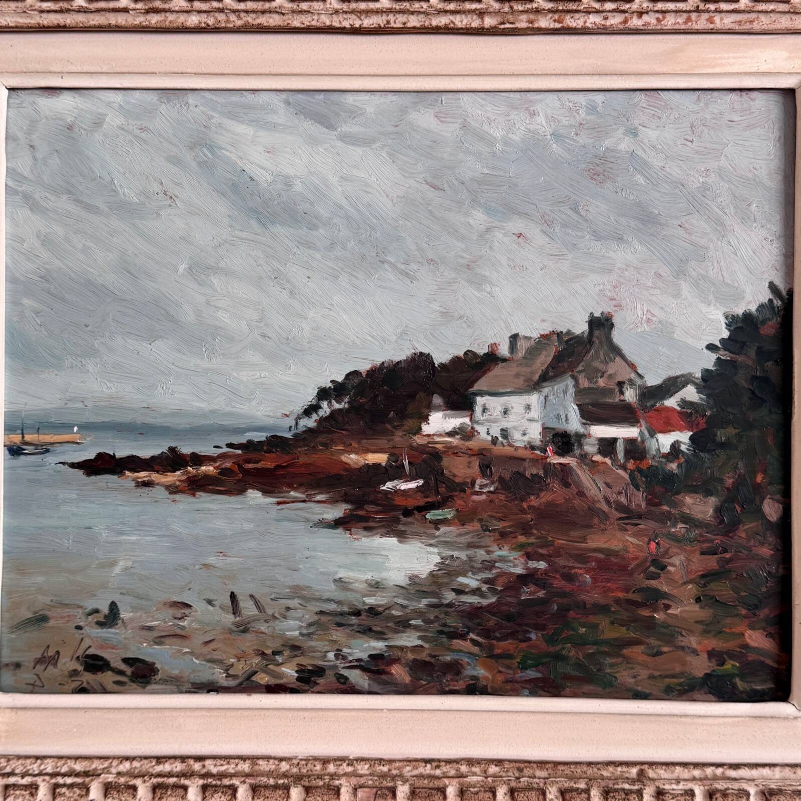 Oil on panel depicting a seaside in Brittany 20th century by Misdz