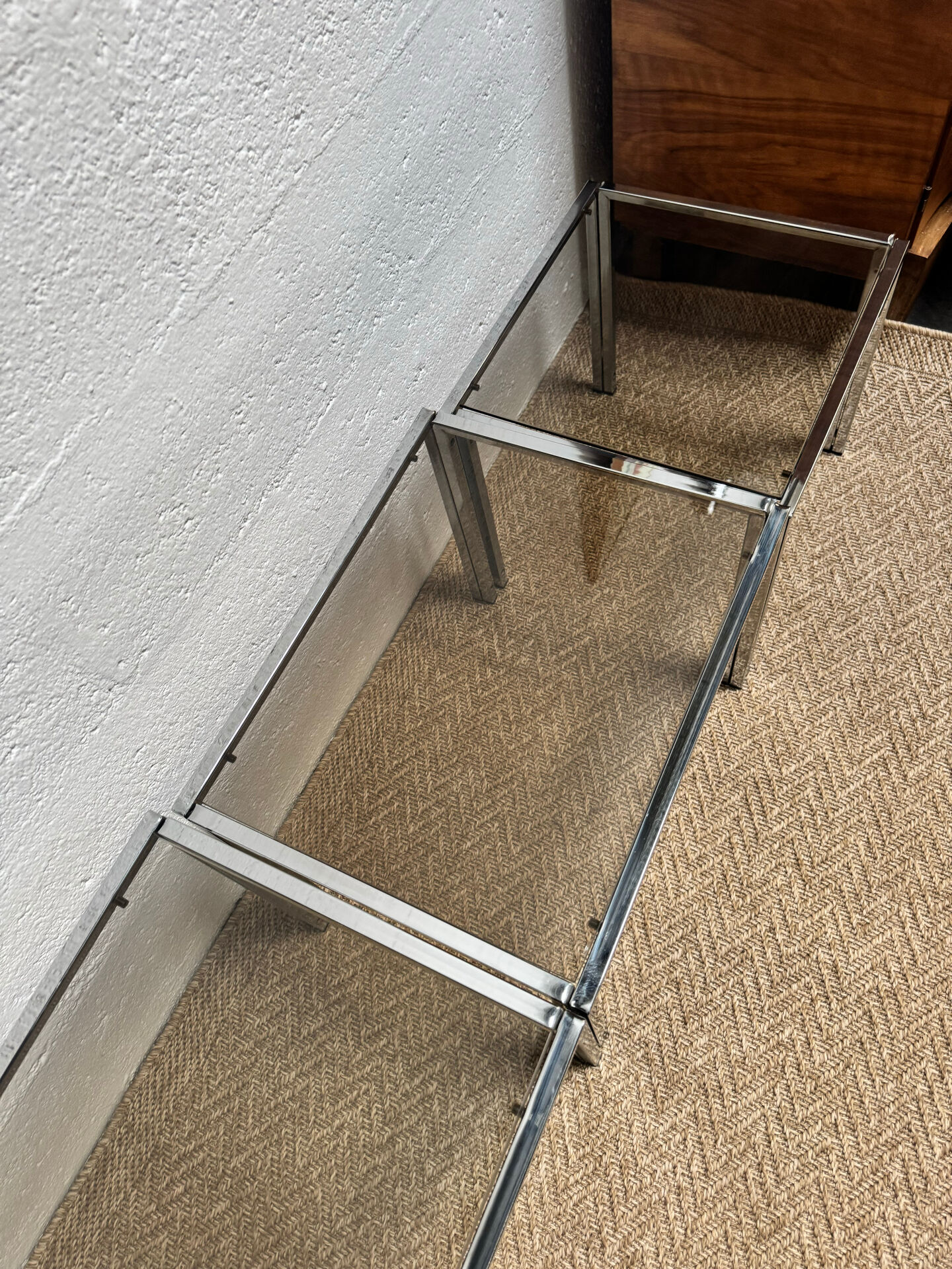 Set of 3 vintage nesting tables – Chrome metal & smoked glass