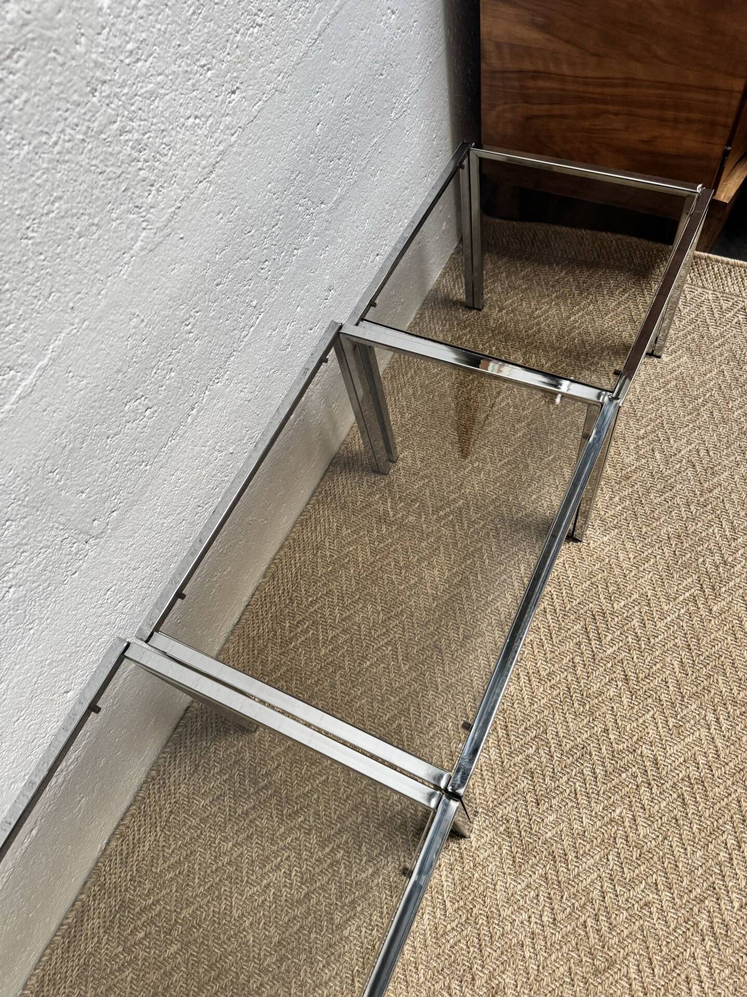 Set of 3 vintage nesting tables – Chrome metal & smoked glass