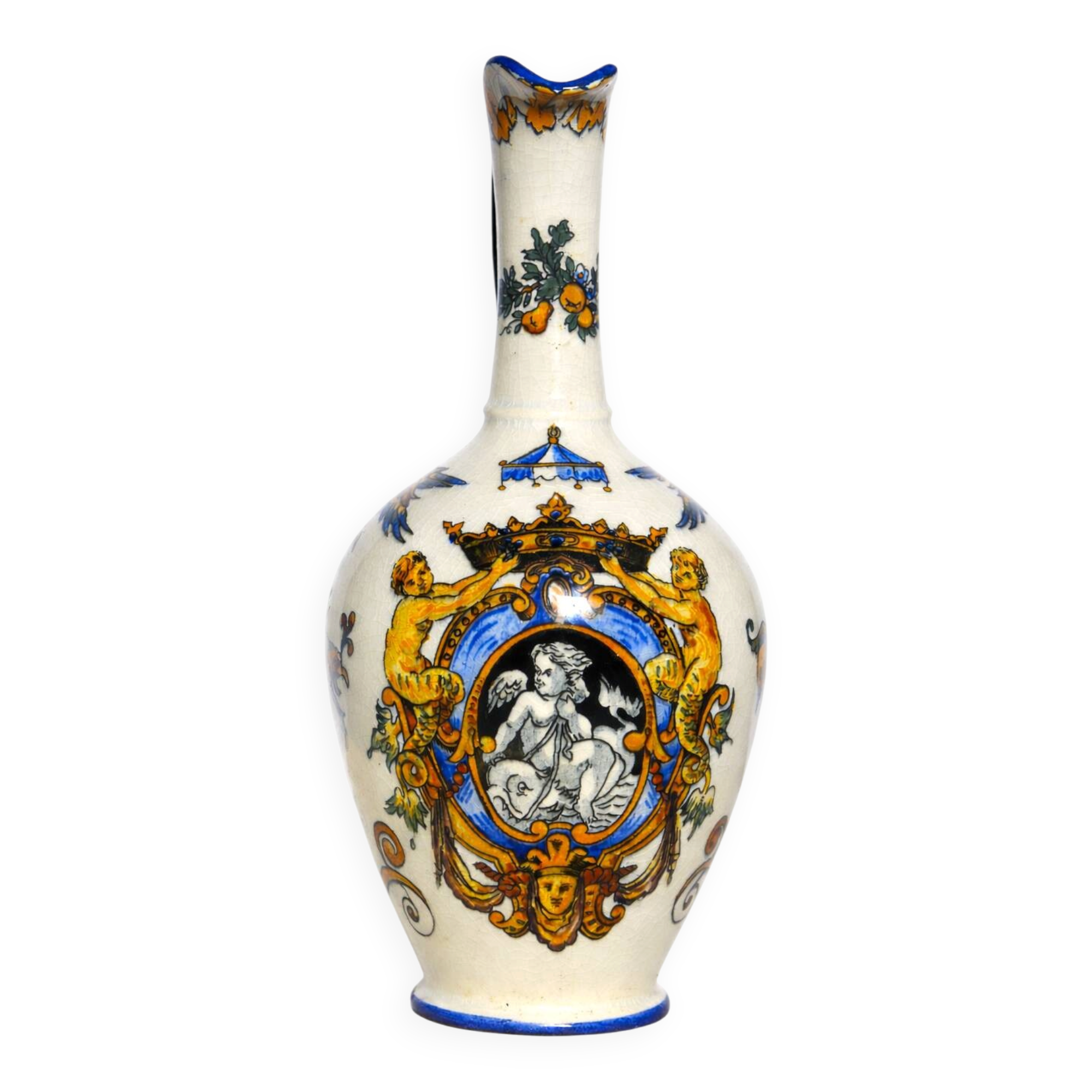 Gien earthenware jug, Renaissance decoration, putto with dolphin.