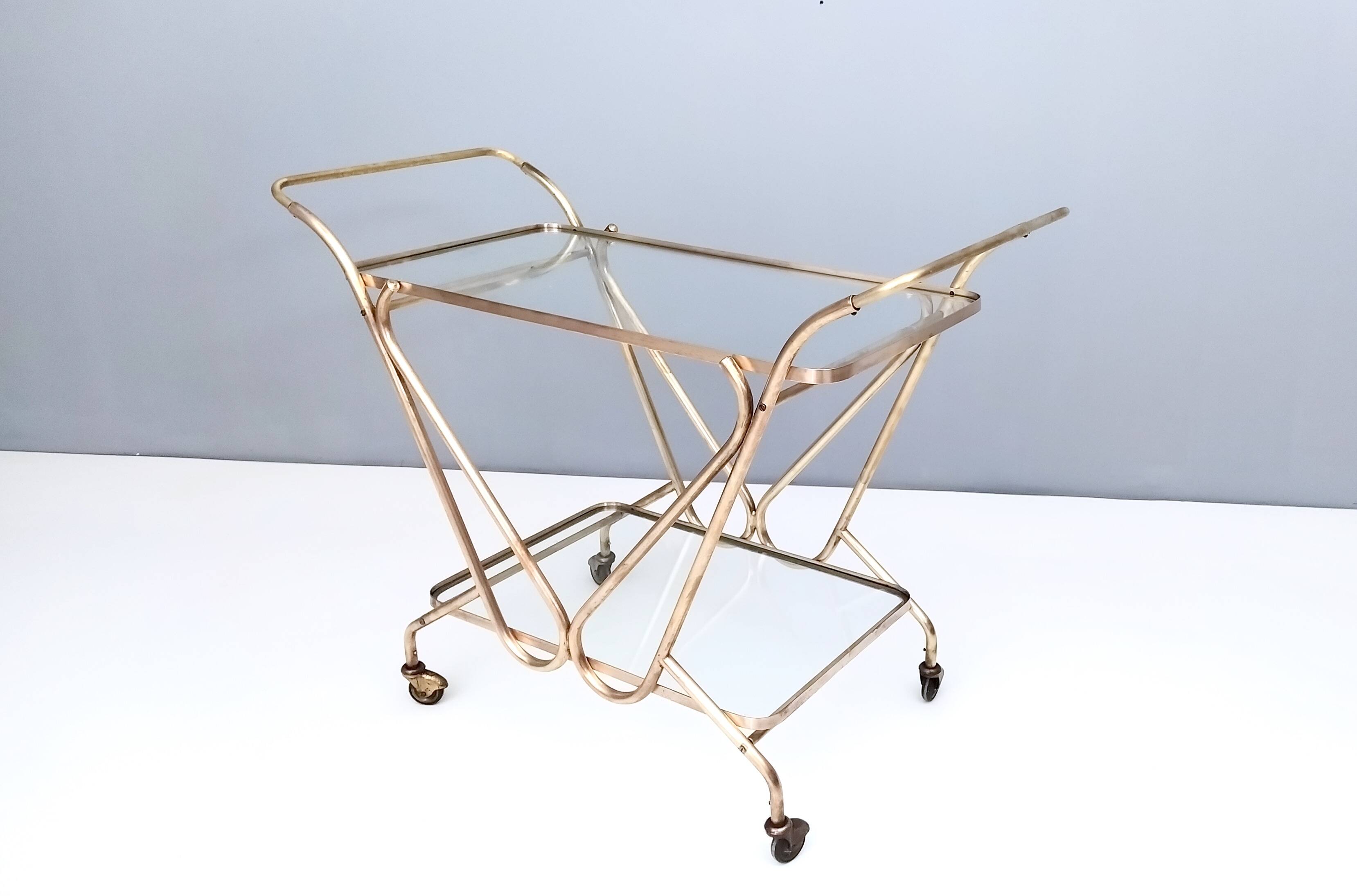 Vintage Brass Serving Cart with Glass Shelves, Italy