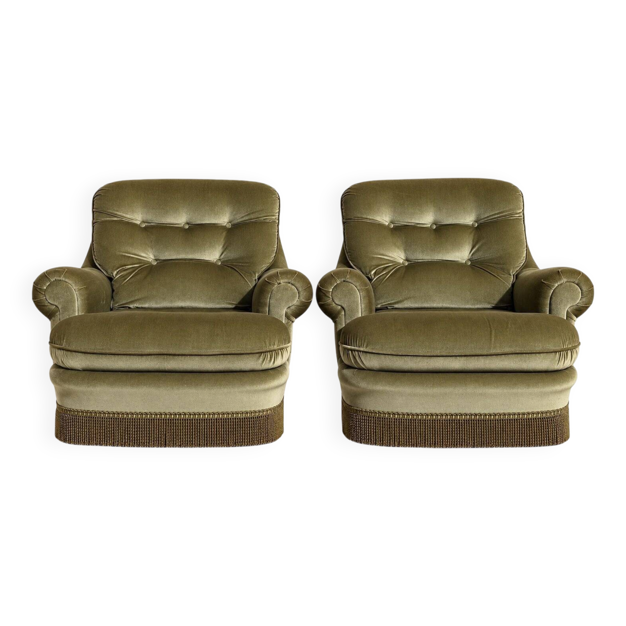 Pair of English style crapaud armchairs – 1960s – Olive green velvet