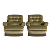 Pair of English style crapaud armchairs – 1960s – Olive green velvet