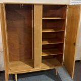 Vintage 70s rattan, wicker, and oak wardrobe