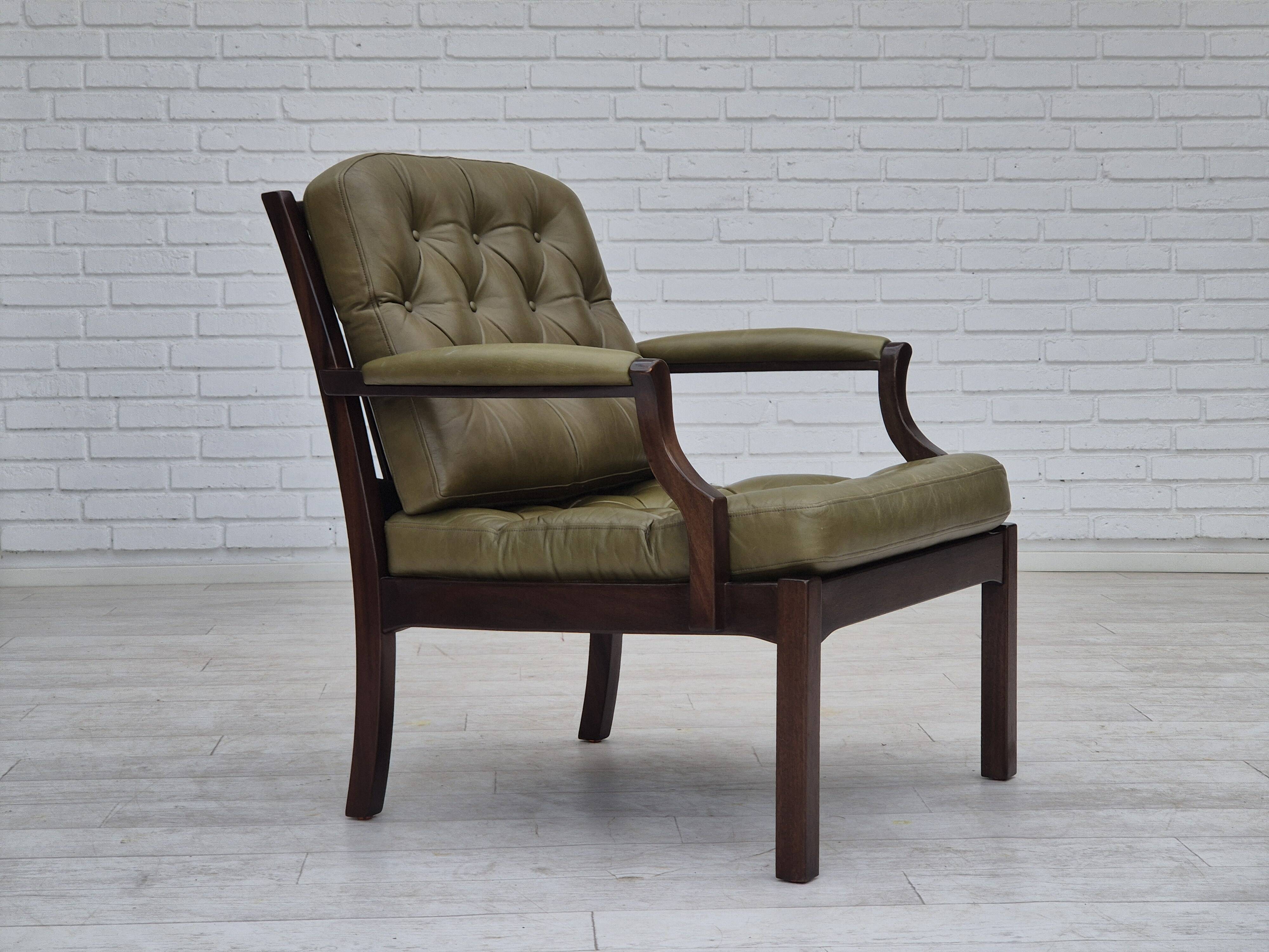 1970s, Scandinavian armchair, original condition,reen furniture leather, solid teak wood.