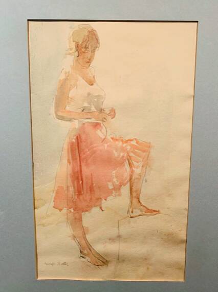 Elegant watercolor on paper depicting a young woman, signed George Bulter