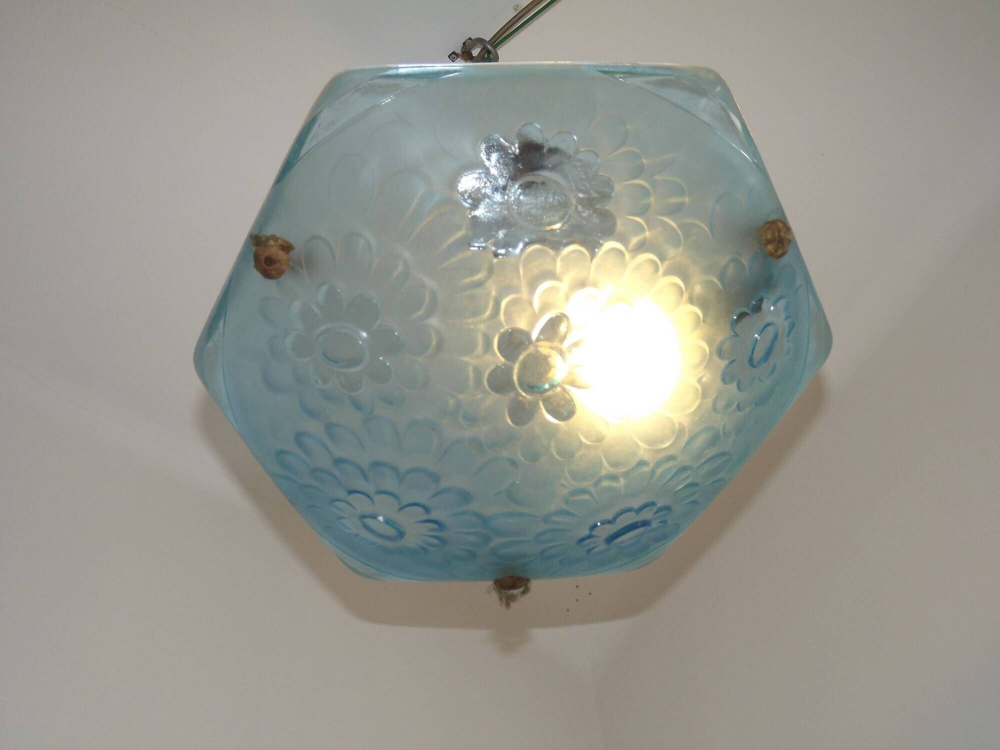French Art Deco Degué Ice Blue Hexagonal Glass Pendant Ceiling Light