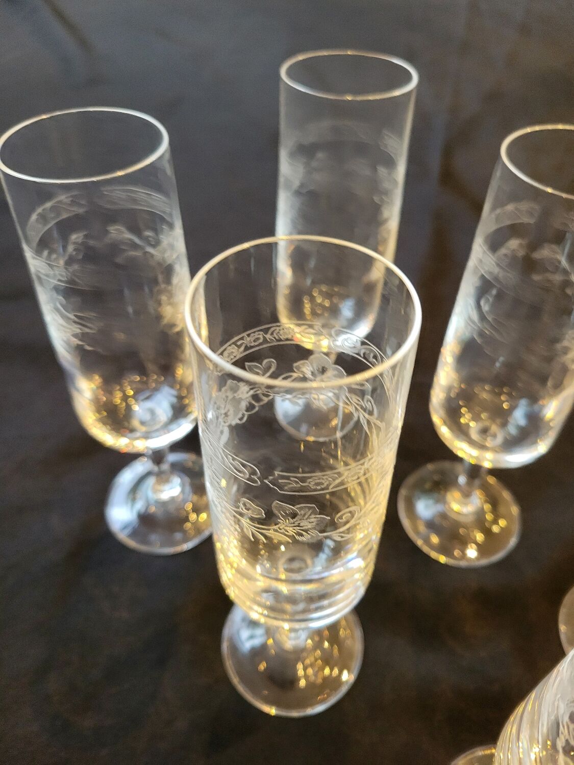6 engraved crystal champagne flutes (floral) 1920