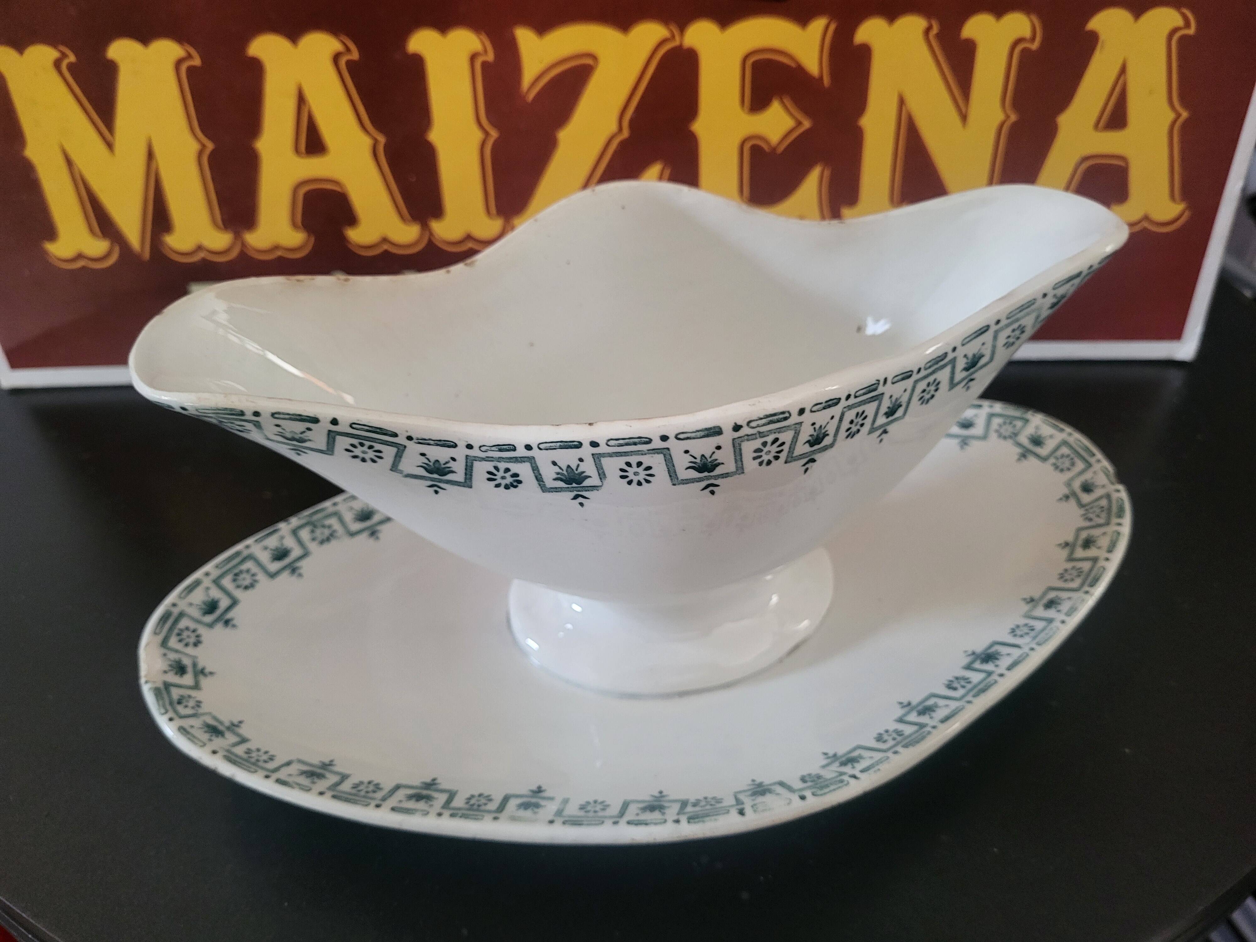Saucière ancienne Terre de Fer – Porcelaine Opaque de Gien – décor vert géo