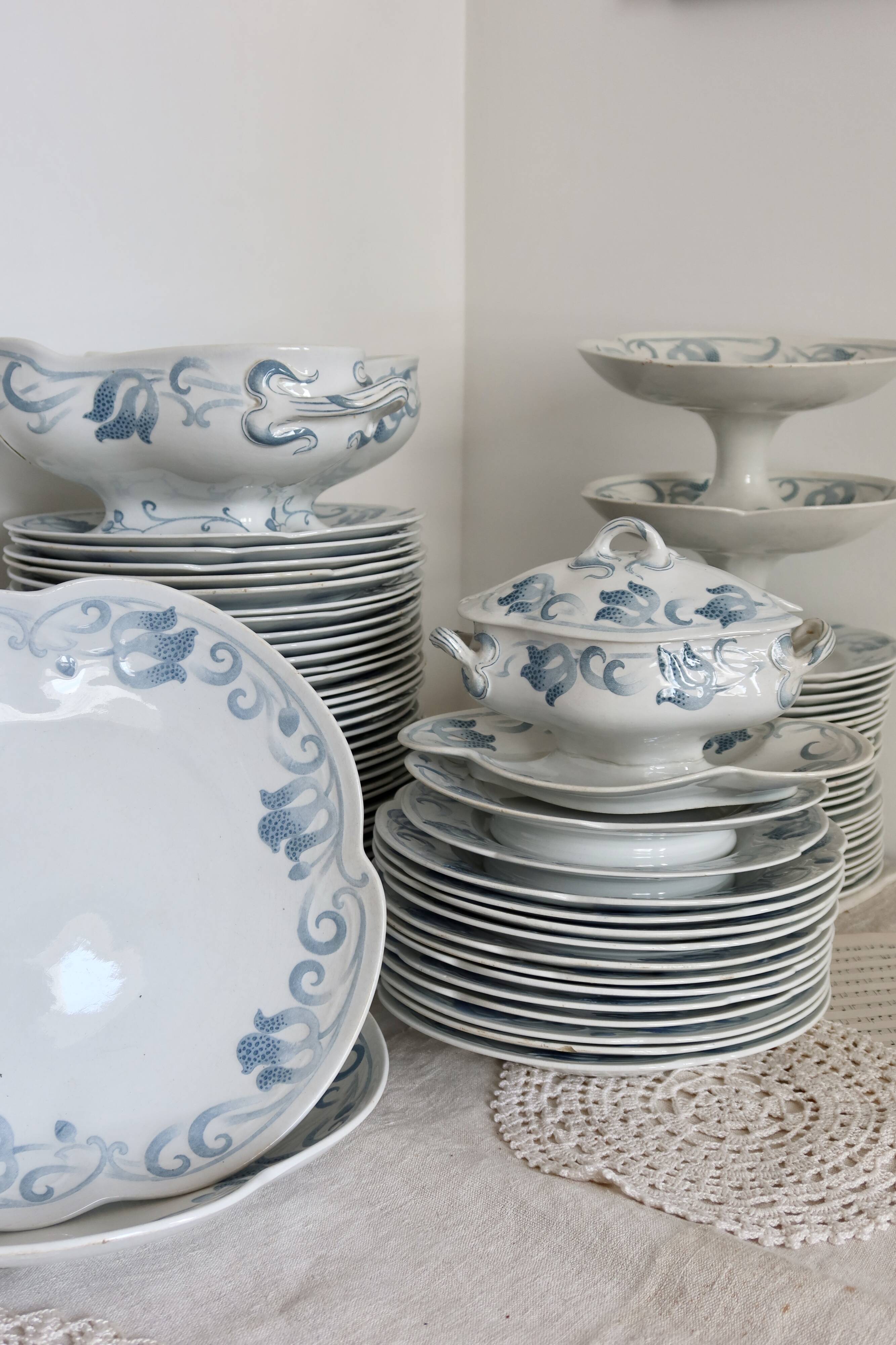 6 flat plates - Antique tableware set 82 pieces Sarreguemines earthenware Art Nouveau style