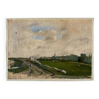 Peinture à l'huile sur toile "Route, champs et personnages" n°35