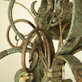 8-branch wrought iron chandelier with gray-green patina and antique gilding