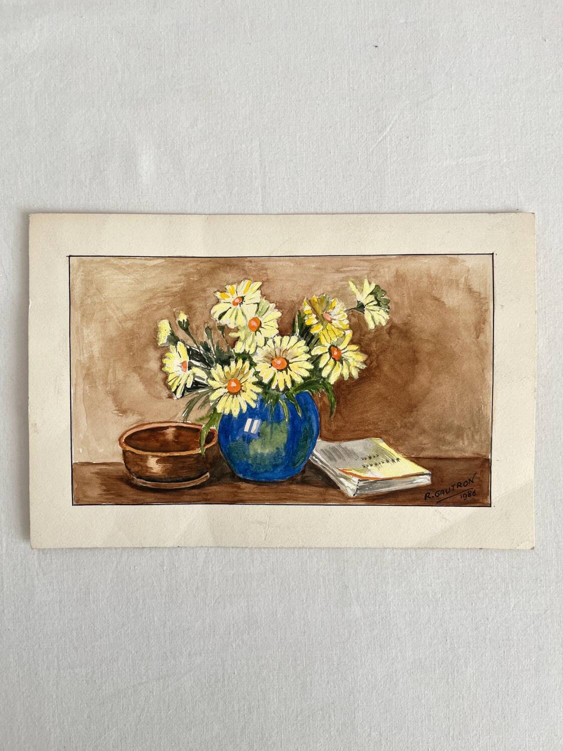 Small watercolor bouquet of yellow flowers signed Gautron 1986