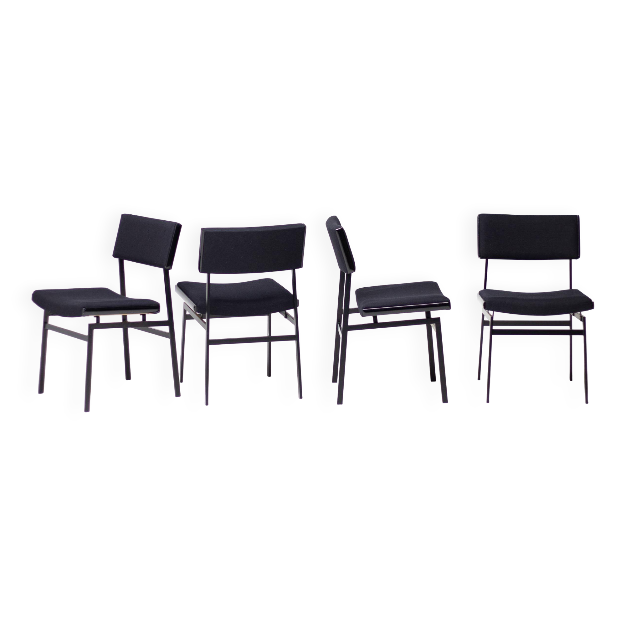 Set of four entirely black Hulmefa dining chairs, Architectural Modernism.
