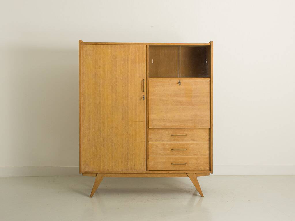 Oak desk cabinet with wardrobe space and fully pickled showcase, circa 60