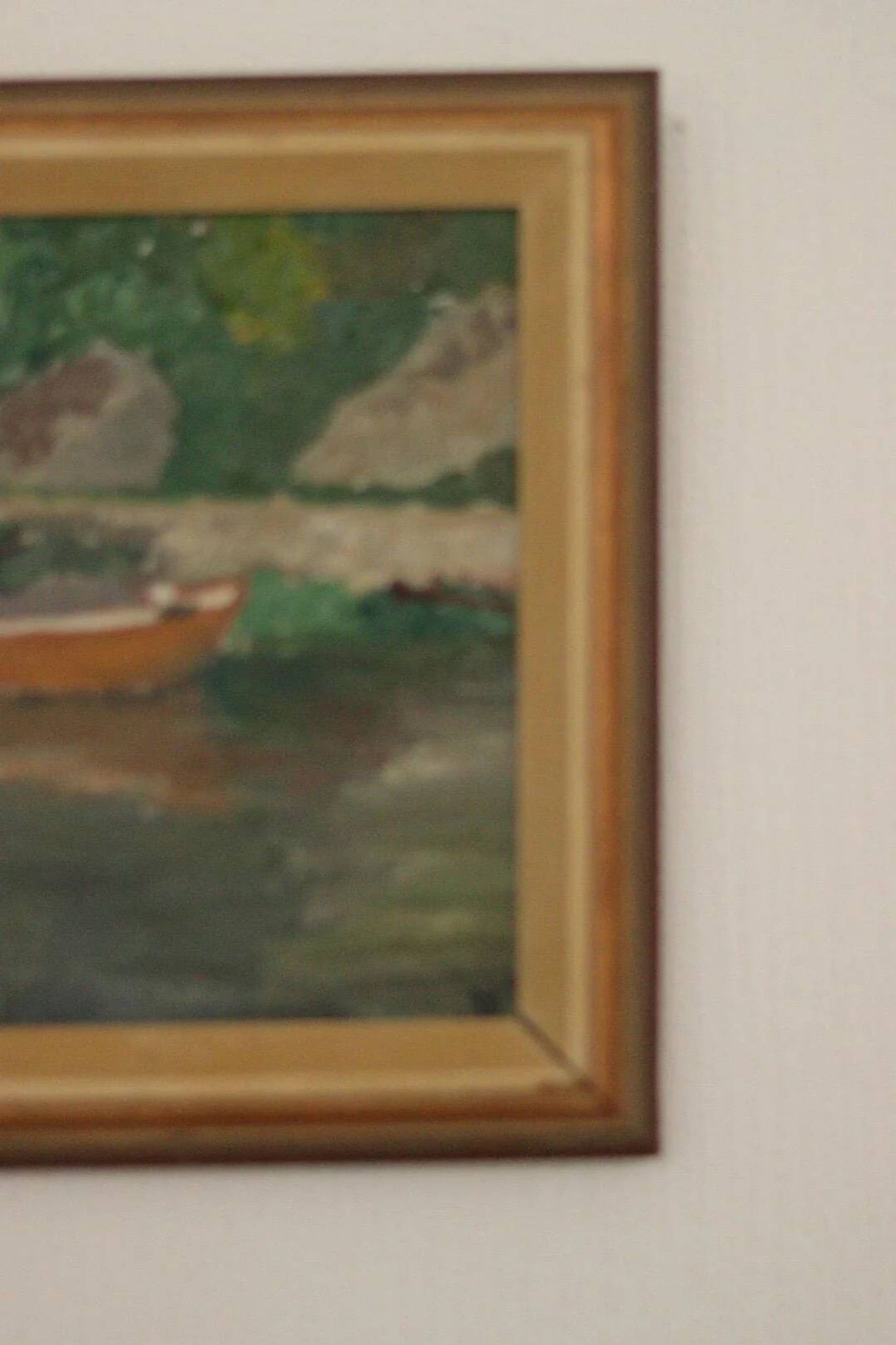 Huile sur toile originale européenne — Maison au bord du lac