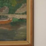 Huile sur toile originale européenne — Maison au bord du lac